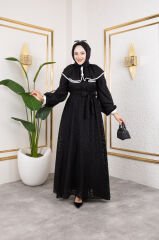 Yaka Detaylı Kemerli Elbise 1005-Siyah