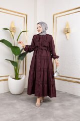 Güpürlü Dantel Detaylı Bordo Elbise