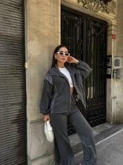 Antrasit Paraşüt Kumaş Detaylı Hırka Pantolon İkili Modal Kumaş Takım