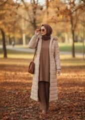 Selam – Kadın Uzun Kapitone Kaban Slim Dar kalıp (Bej)